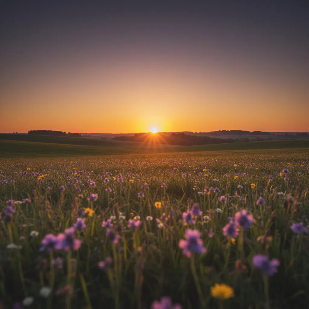 Golden sunrise over a green meadow, warm purple and amber tones