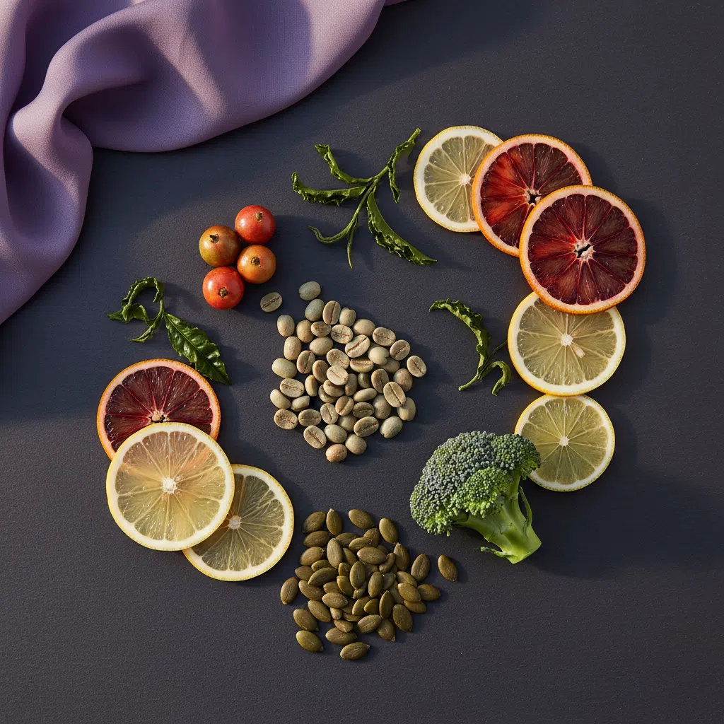 Flat-lay of natural ingredients: green coffee beans, green tea leaves, guarana berries, pumpkin seeds and citrus on dark slate - food supplement for normal energy metabolism