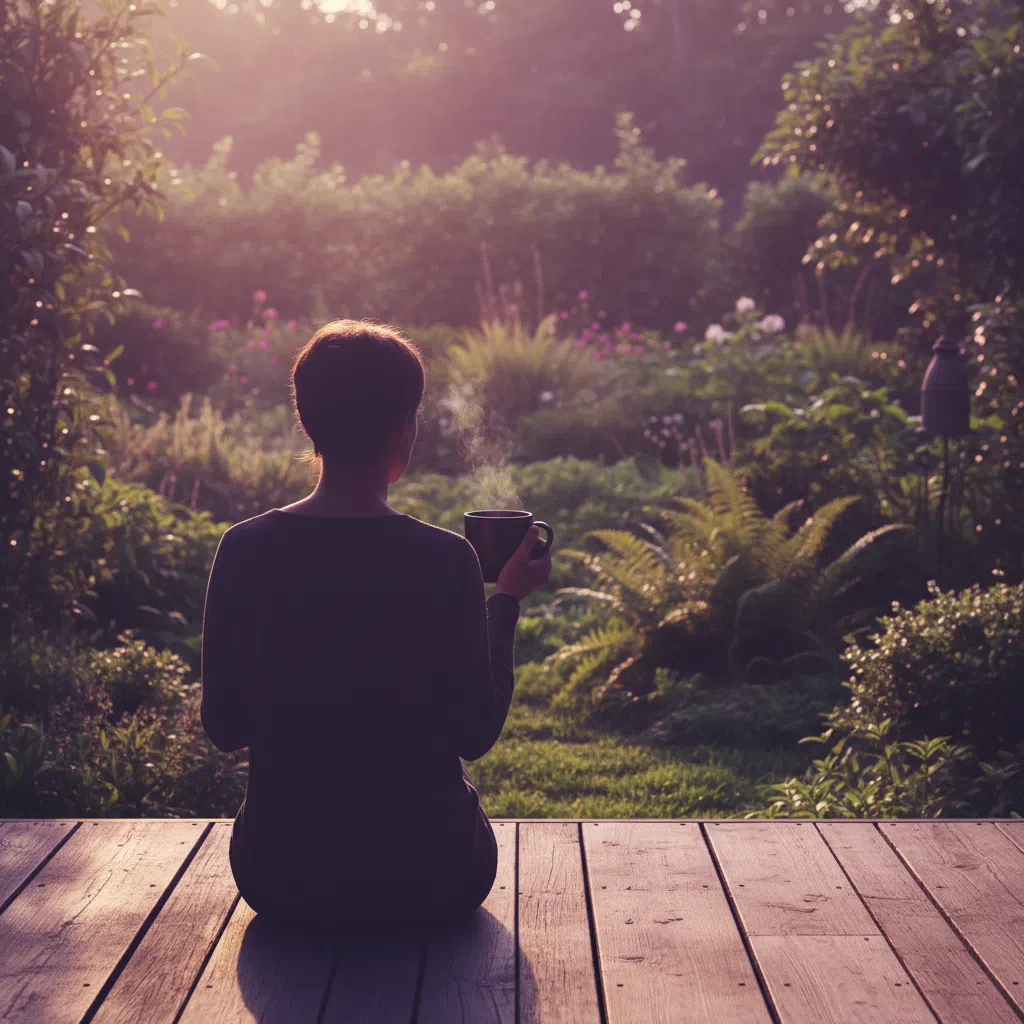 Anonymous person from behind holding a steaming mug overlooking a morning garden - coffee supplement for active lifestyle