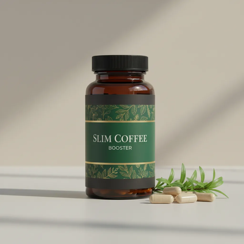 Slim Coffee Booster supplement box - compact square, dark charcoal with purple and pink accents