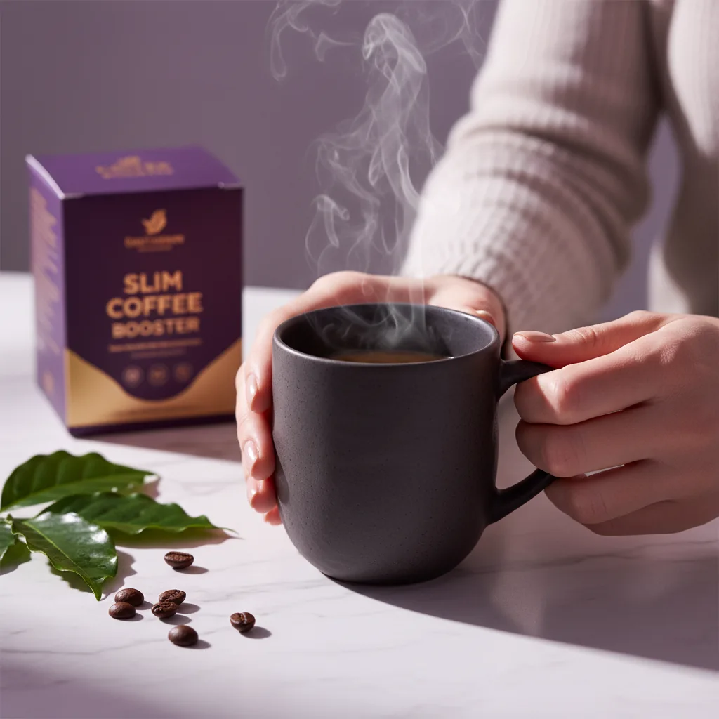 Hands cradling a steaming mug with Slim Coffee Booster box in soft-focus background on marble countertop - everyday wellness routine supplement